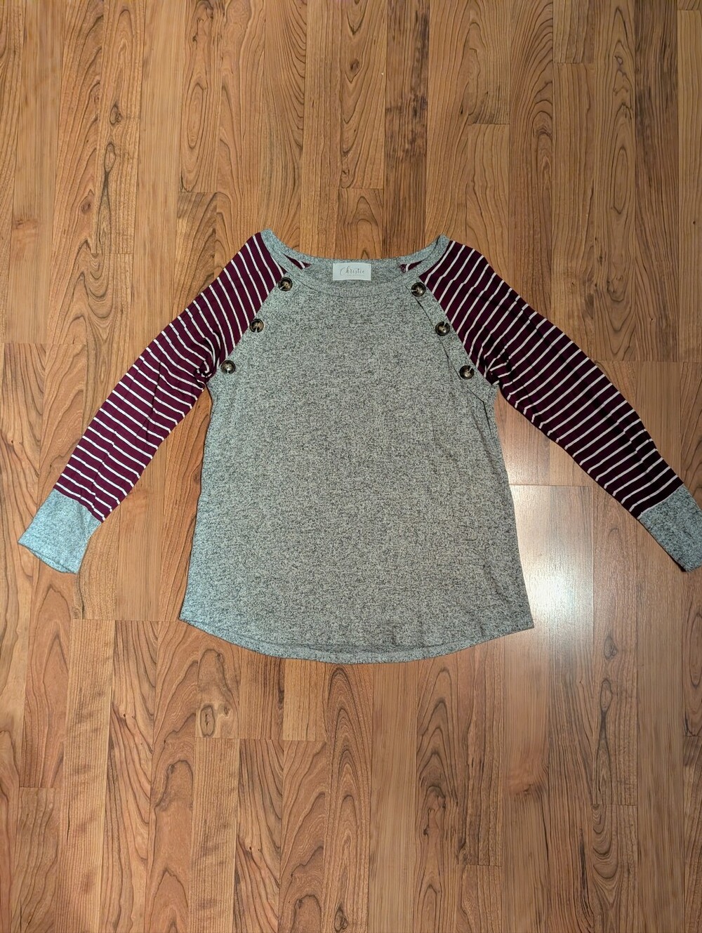 Striped Sleeve Button-Shoulder Pullover - Burgundy & Heather Gray, Size Small